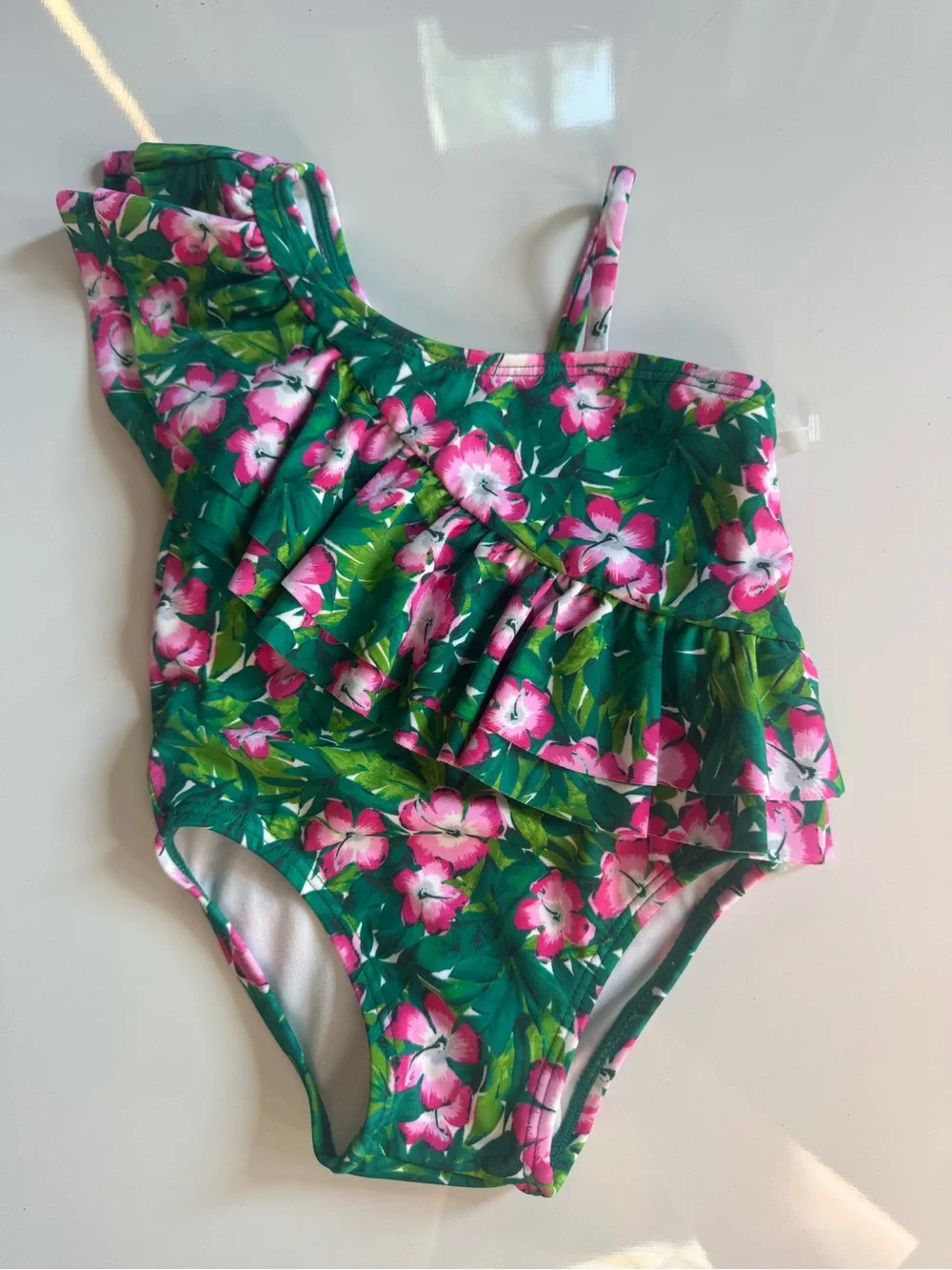 Janie and Jack Pink & Green Floral Ruffle One-Piece Swimsuit